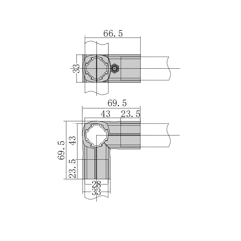 Integrated lean pipe connector technical drawing for vertical structure and 90 degree modular pipe rack frame assembly