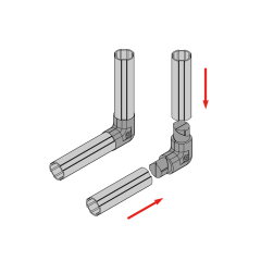 Technical drawing of lean pipe 90 degree corner connector for aluminum pipe rack workbench and industrial modular frame assembly