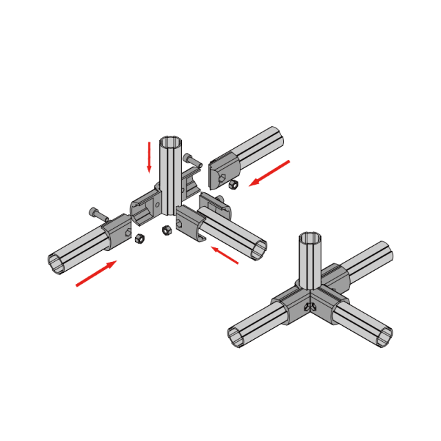 Lean tube cross connector for T-shaped pipe racking structure assembly to increase frame strength and load bearing capacity