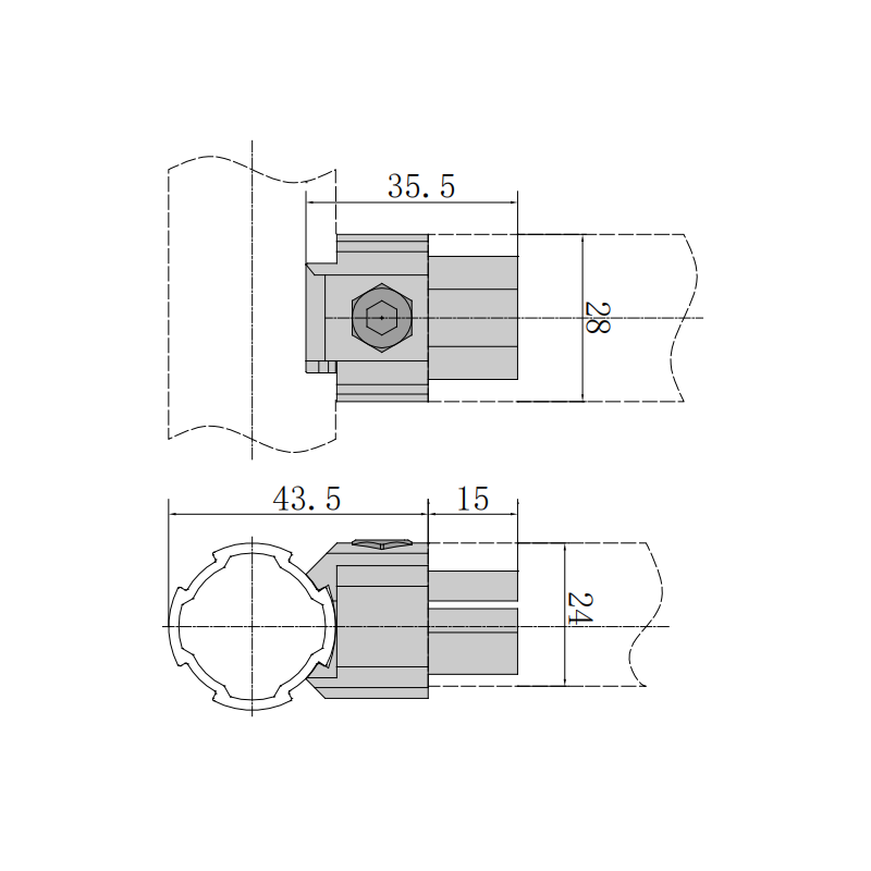 T-slot lean pipe connector technical drawing for 90 degree modular pipe rack frame fixation