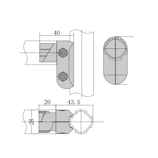 Lean pipe external connector with technical drawing for 90 degree modular pipe rack frame assembly