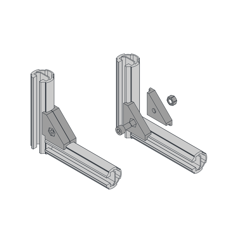 Assembly diagram showing 90-degree side connection of T-groove lean pipe using external right angle joint