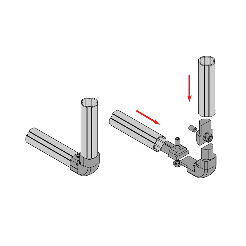 Assembly diagram showing how to connect lean pipe ports with APAS L-shaped internal expansion joint