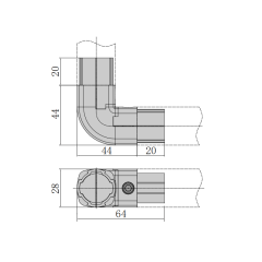 Technical drawing and dimensions of APAS L-type 90 degree lean pipe connector D28.JT.D