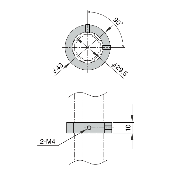 43mm Outer Diameter Aluminum Stop Collar Dimension Drawing with 2-M4 Thread Specifications