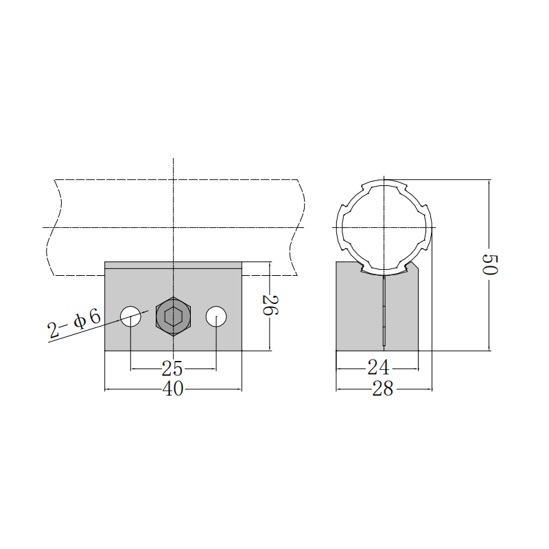 Engineering dimensional drawing of aluminum dual-hole accessory showing 25mm spacing and M6 mounting holes
