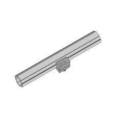 Installation diagram showing the aluminum accessory mounted onto an industrial lean tube for panel or pulley setup