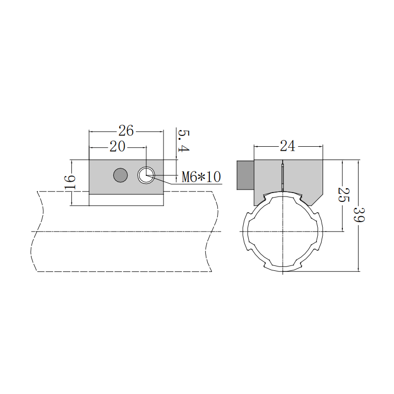 Engineering dimensional drawing of M6 aluminum block showing 26mm width and M6x10 thread specs