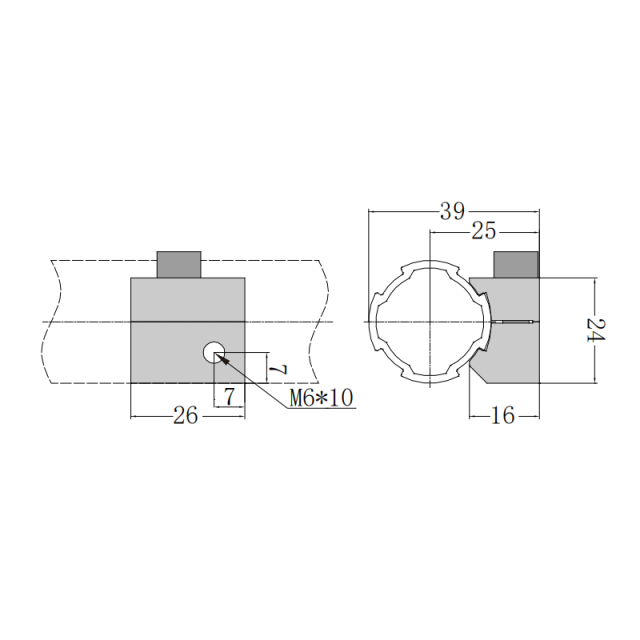 28mm round lean tube side mount circular support base dimension drawing, assembly diagram and specification table, aluminum M6 bracket for U-groove pulley installation