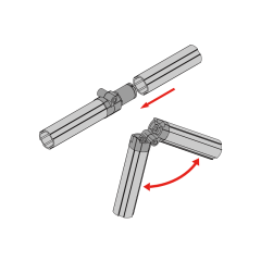 Assembly diagram showing the lean tube connector hinge rotating 180 degrees for movable workbenches