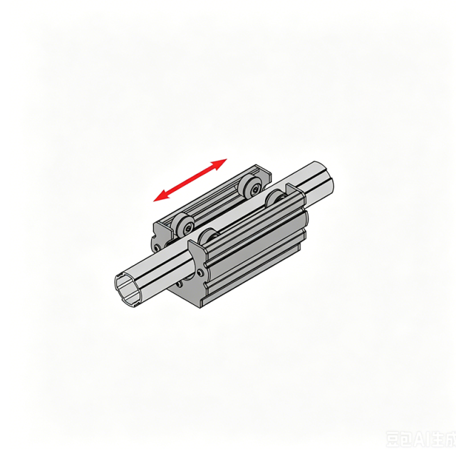 Assembly diagram showing the linear guide rail assembly smoothly moving in a straight line on an aluminum lean tube