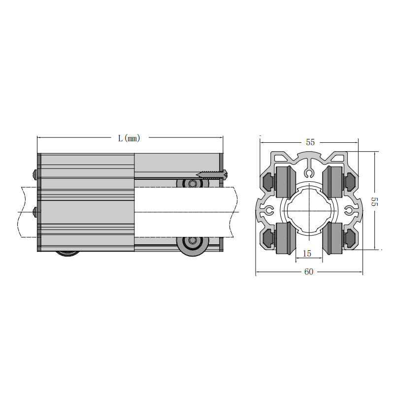 2D dimension and specification drawing of the linear guide rail assembly with PC rollers and built-in bearings