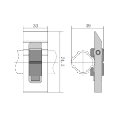 2D dimension and specification drawing of the 74.3mm length slide rail adjustable stopper