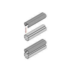 Assembly diagram showing how to buckle the plastic wire slot cover into the protruding part of an aluminum lean tube