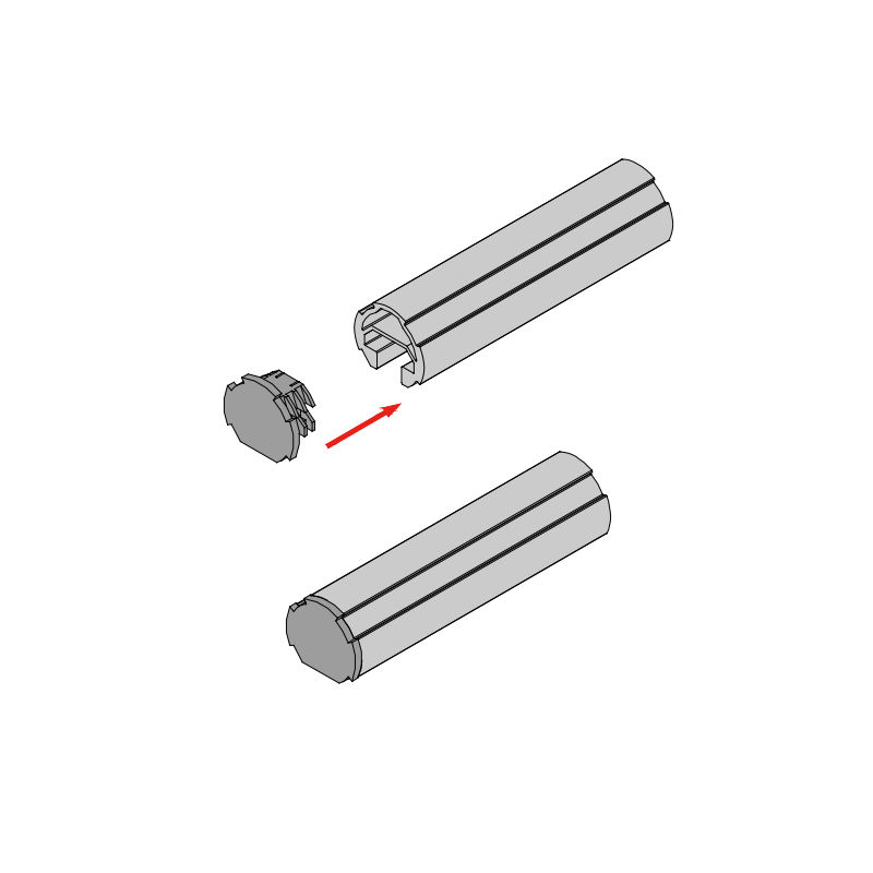 Assembly diagram showing the insertion of a plastic end plug into a 28T groove lean pipe