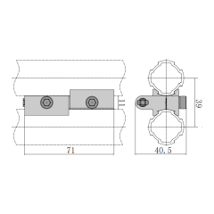 2D dimension and specification drawing of the 71mm profile barrel hinge showing left and right configurations
