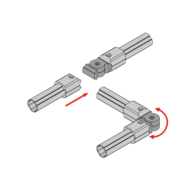 Assembly diagram showing angle fixing pivot connectors inserted into lean tubes to form specific geometric structures