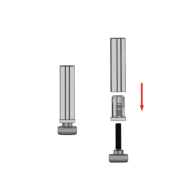 Assembly diagram of lean pipe anti-slip leveling foot, showing installation and floor support