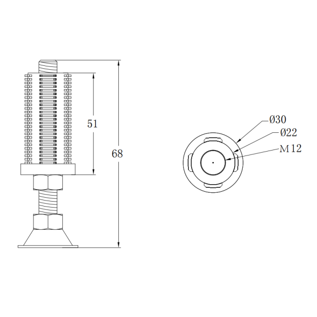 Technical diagram of 28 series lean tube foot seat, M10/M12 screw caster compatible