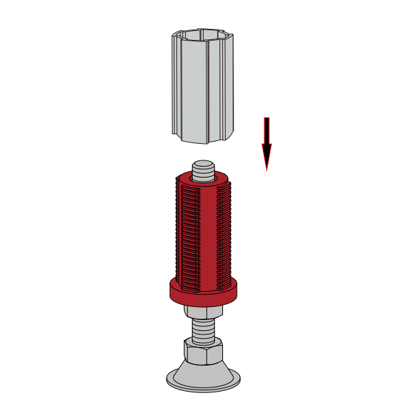 Assembly diagram of lean pipe end connector, showing installation of foot cups and screw casters