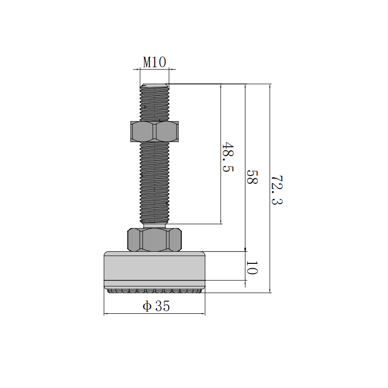 Technical specifications and dimensions of anti-slip leveling foot, M10 thread, height adjustable