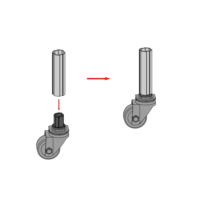 Assembly diagram of aluminum alloy split foot base with casters and feet