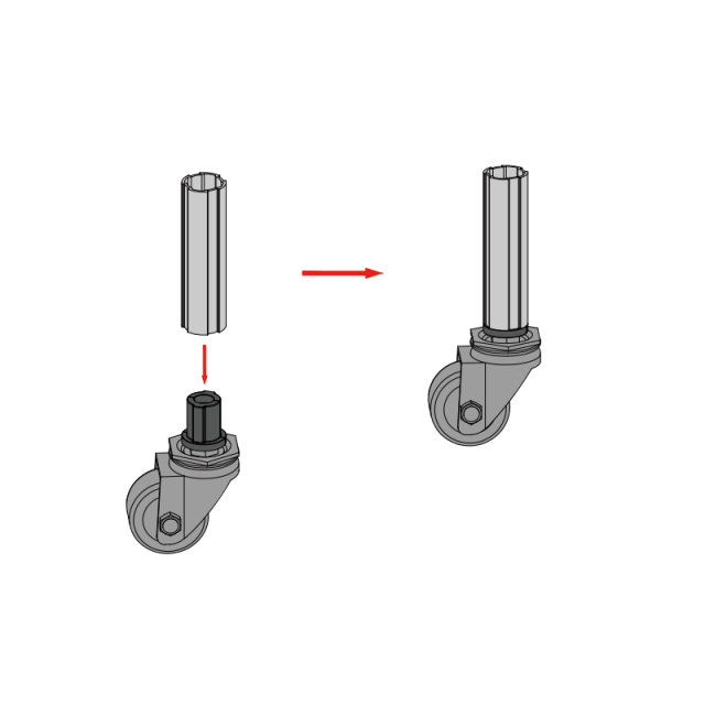 Assembly diagram of aluminum alloy split foot base with casters and feet