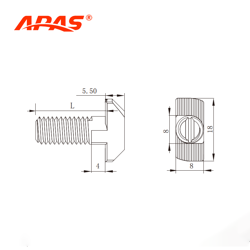 Detailed technical dimension drawing for APAS T-slot bolt
