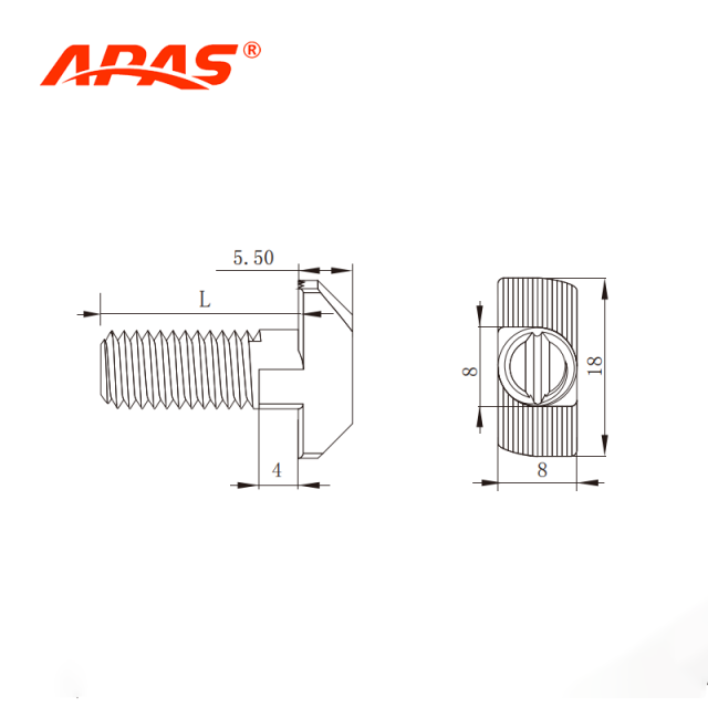 Detailed technical dimension drawing for APAS T-slot bolt