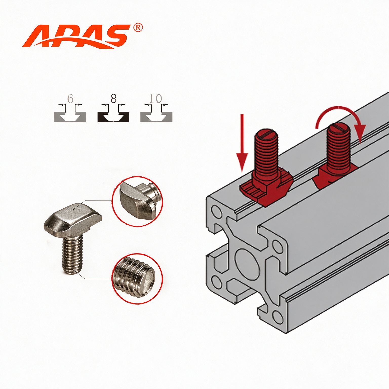 Installation diagram of APAS T-bolt inside aluminum profile slot