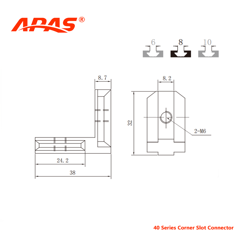 Technical dimensional drawing of APAS Corner Slot Connector for aluminum framing systems