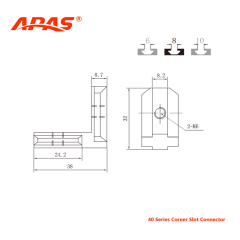 Technical dimensional drawing of APAS Corner Slot Connector for aluminum framing systems