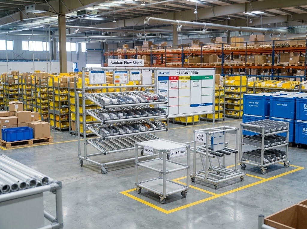 APAS Lean tube carts, mobile trolleys and Kanban stands in smart warehouse