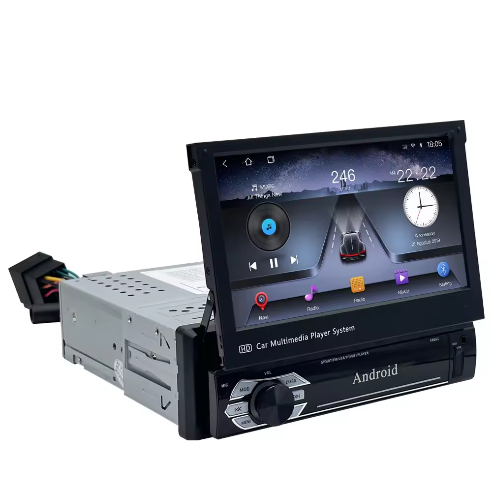 1Din Car DVD Player Android 13 7 Inch Retractable Extension Screen Wireless Auto Carplay GPS Navigation BT FM Video Intelligent System Universal Car Head Unit  MP3 DVD MP5Touch Screen Car Parts Wholesale Factory Customize