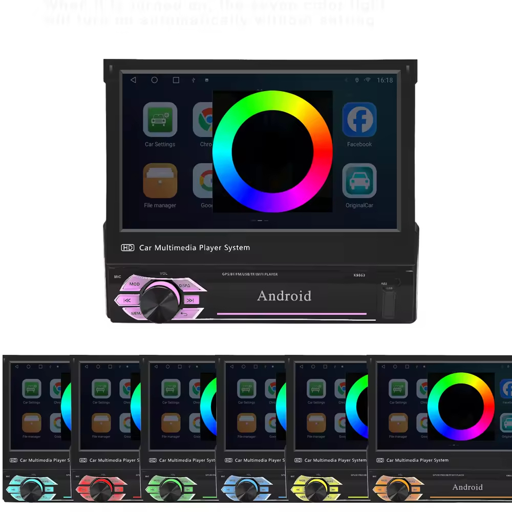 1Din Car DVD Player Android 13 7 Inch Retractable Extension Screen Wireless Auto Carplay GPS Navigation BT FM Video Intelligent System Universal Car Head Unit  MP3 DVD MP5Touch Screen Car Parts Wholesale Factory Customize