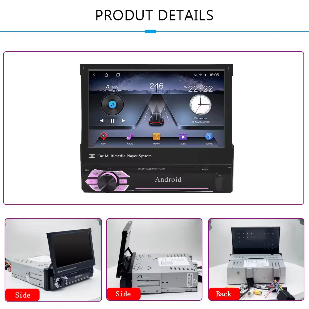1Din Car DVD Player Android 13 7 Inch Retractable Extension Screen Wireless Auto Carplay GPS Navigation BT FM Video Intelligent System Universal Car Head Unit  MP3 DVD MP5Touch Screen Car Parts Wholesale Factory Customize