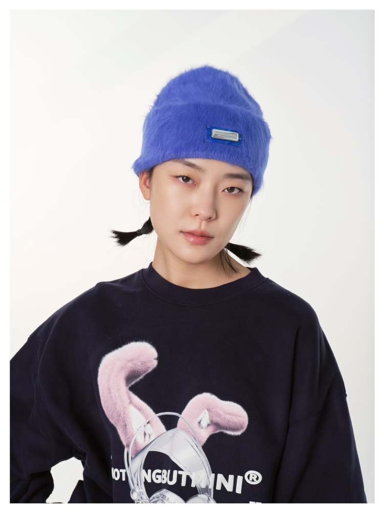 NBM metal badge rabbit fur beanie hat (Blue）