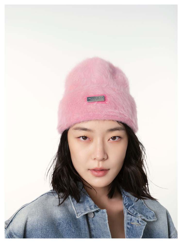 NBM metal badge rabbit fur beanie hat (Pink)