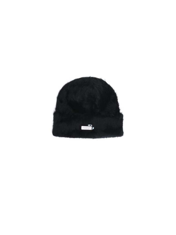 NBM metal badge rabbit fur beanie hat (Black）