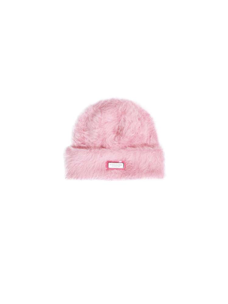 NBM metal badge rabbit fur beanie hat (Pink)