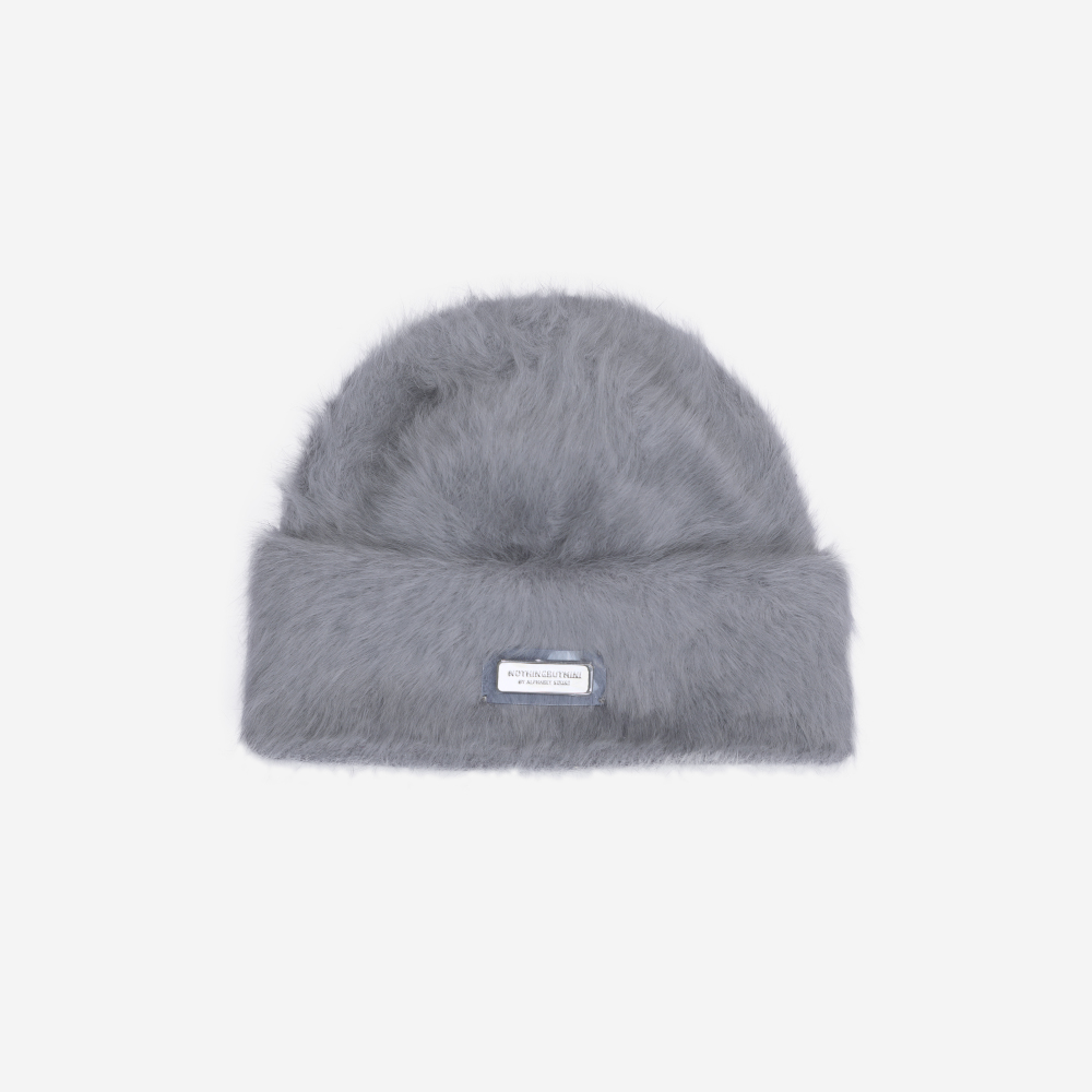 NBM metal badge rabbit fur beanie hat (Blue）