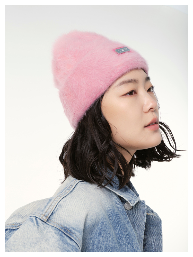 NBM metal badge rabbit fur beanie hat (Blue）