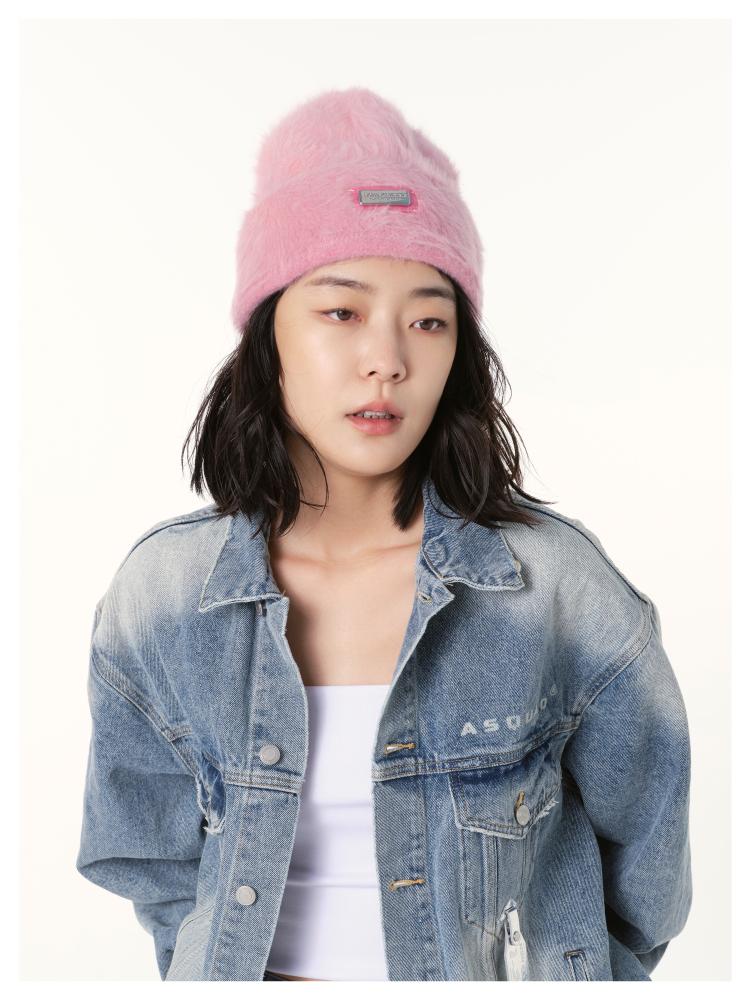 NBM metal badge rabbit fur beanie hat (Blue）