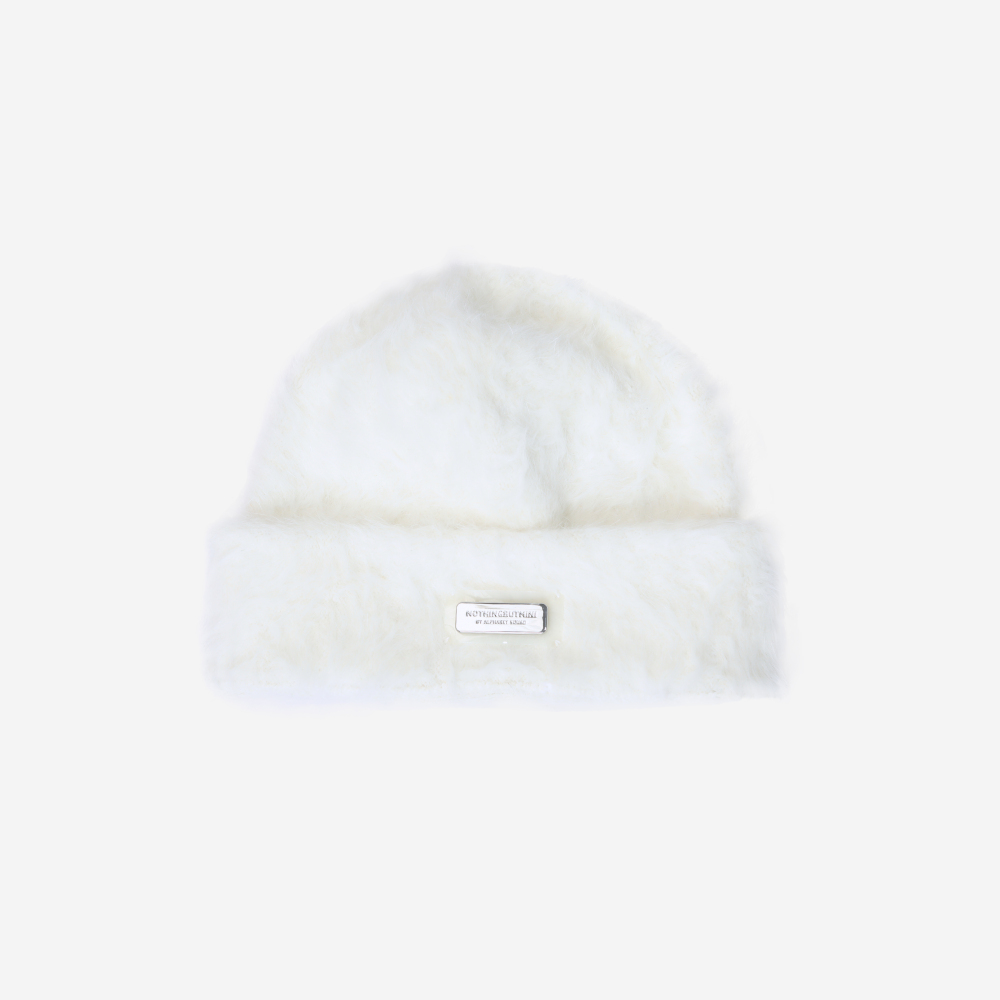 NBM metal badge rabbit fur beanie hat (Pink)