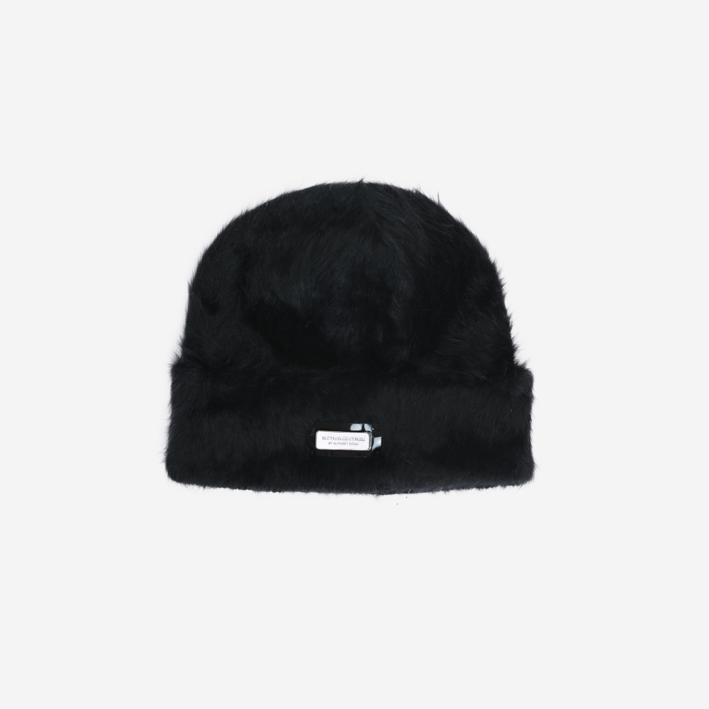 NBM metal badge rabbit fur beanie hat (Blue）