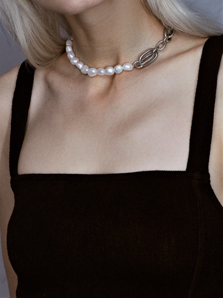 Baroque Pearl Complex Structure Chain Necklace（Brzone Gold)