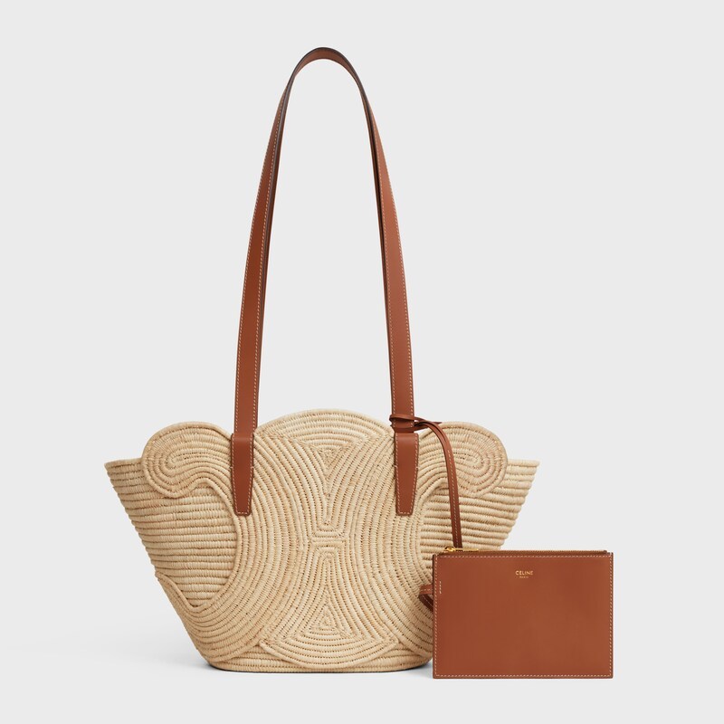 CELINE CLASSIC PANIER SMALL BRAIDED TRIOMPHE IN RAFFIA AND CALFSKIN 117022FWB.04LU (42*21.5*12cm)