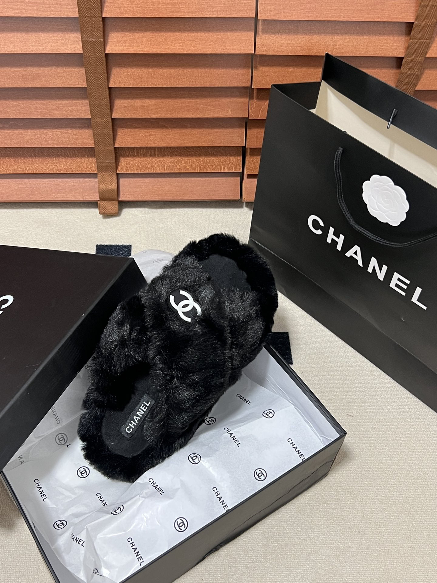 CHANEL plush slipper