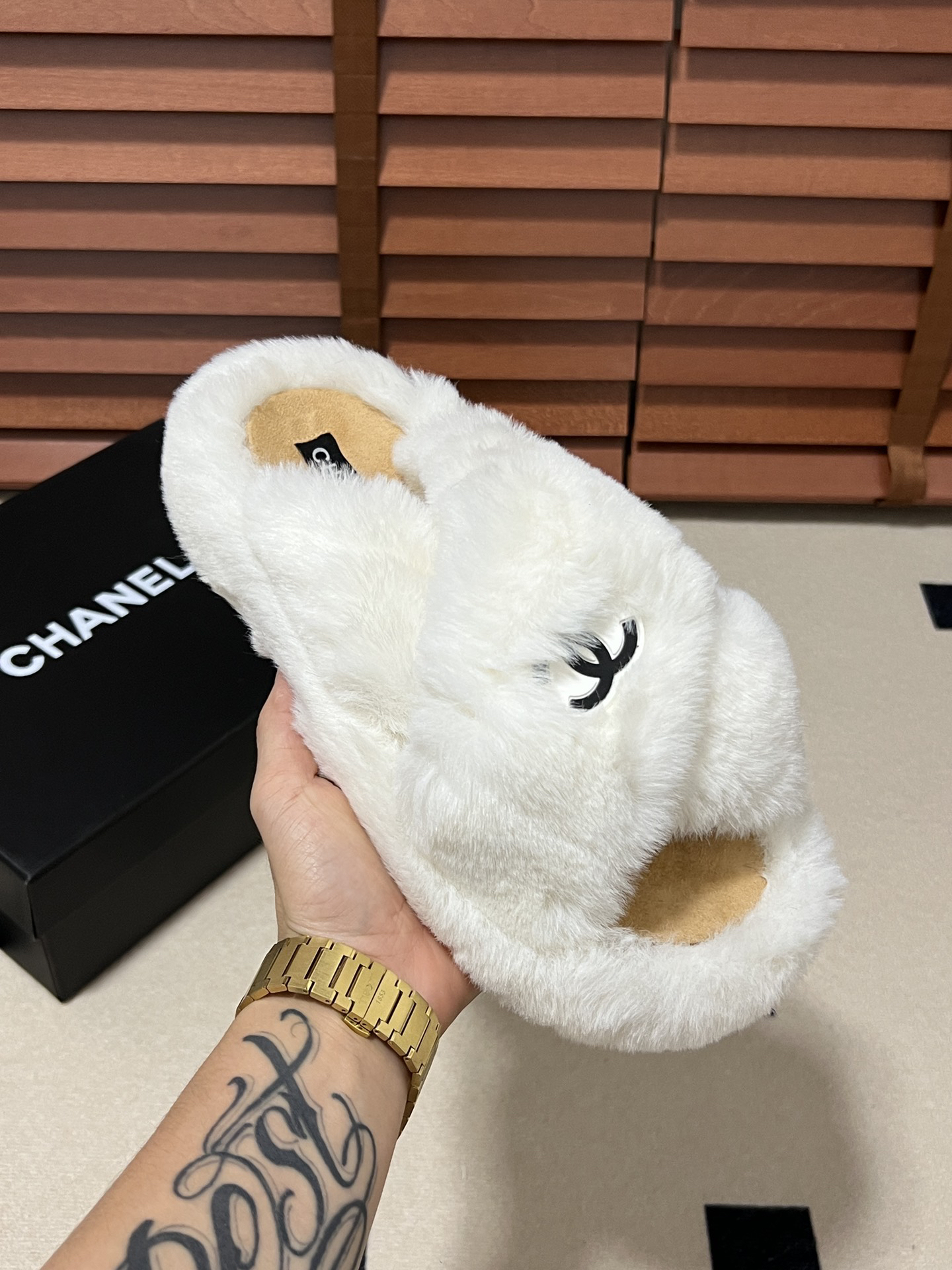 CHANEL plush slipper