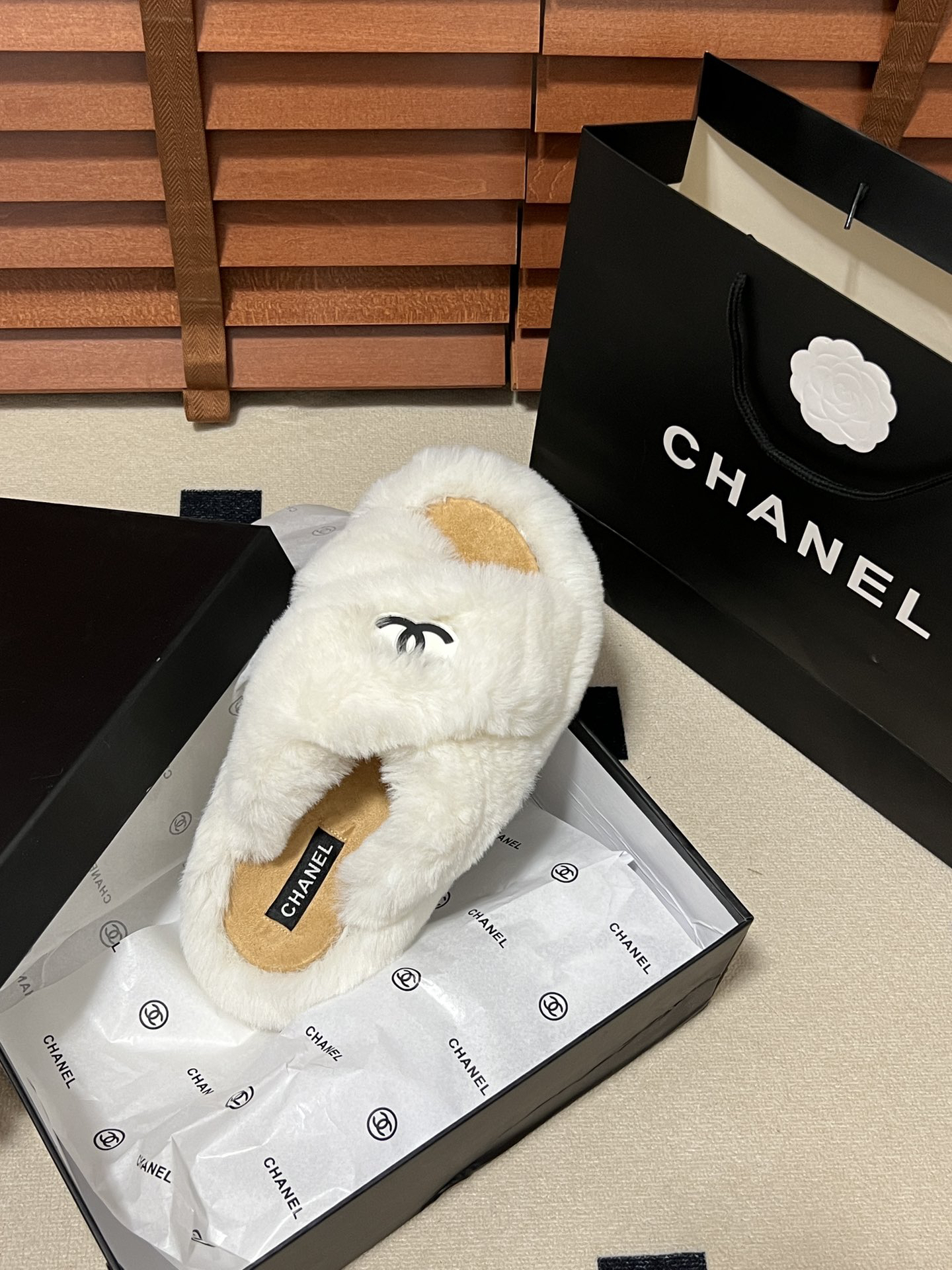 CHANEL plush slipper
